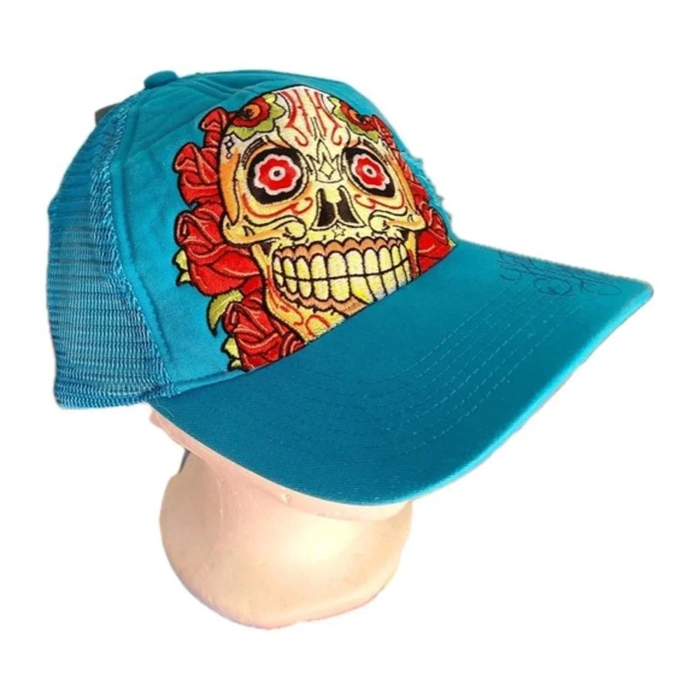 Hart & Huntington Cap Skull Rose Turquoise Blue Snapback Trucker Hat vintage